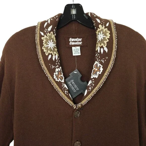 Sweater Sweater Embroidered Beaded Cowl Neck Cardigan Womens Size XL Brown NEW